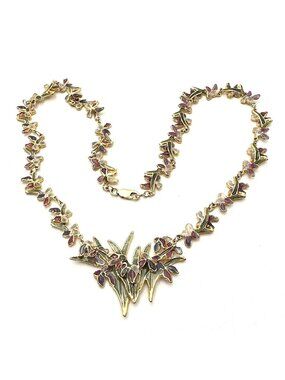 Rare Vintage 14K Yellow Gold Plique a Jour Necklace Flower Design 22 Grams